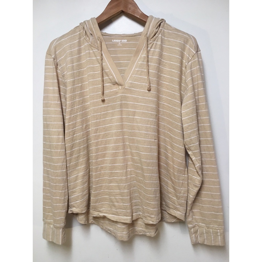 Lands' End Hoodie Women Size M Tan White Striped Cotton Knit V-Neck Top Casual